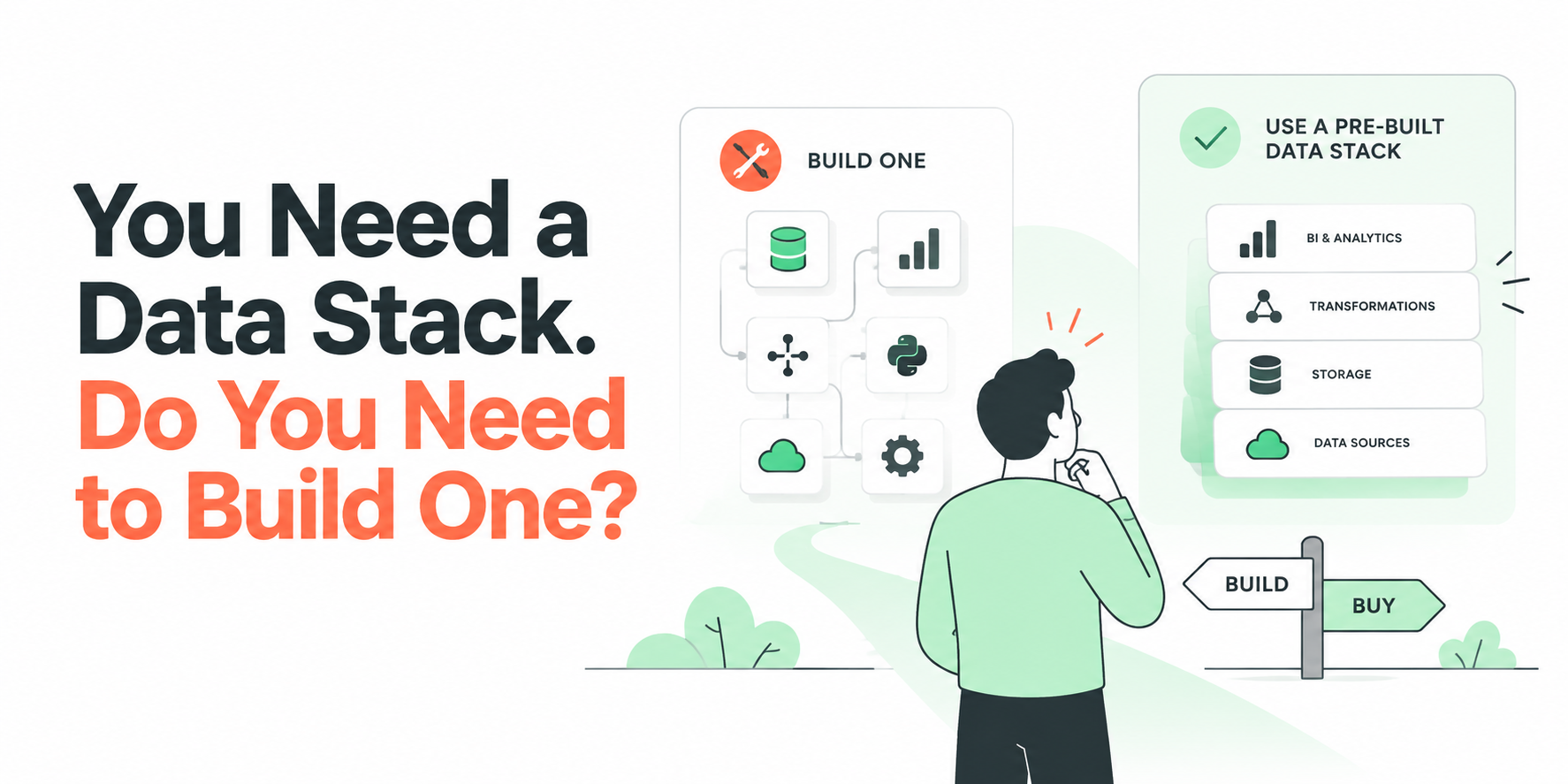 A person deciding between building a data stack and using a pre-built data stack